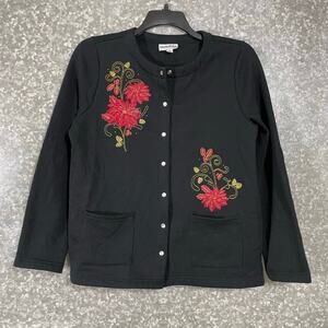 Breckenridge Women's Black Floral Embroidered Cardigan Granny Sweater - Medium